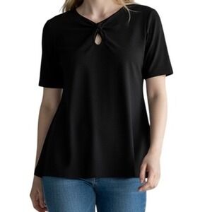 JM Collection Petite PM Black Keyhole Neck Blouse Short Sleeve Office Career Top
